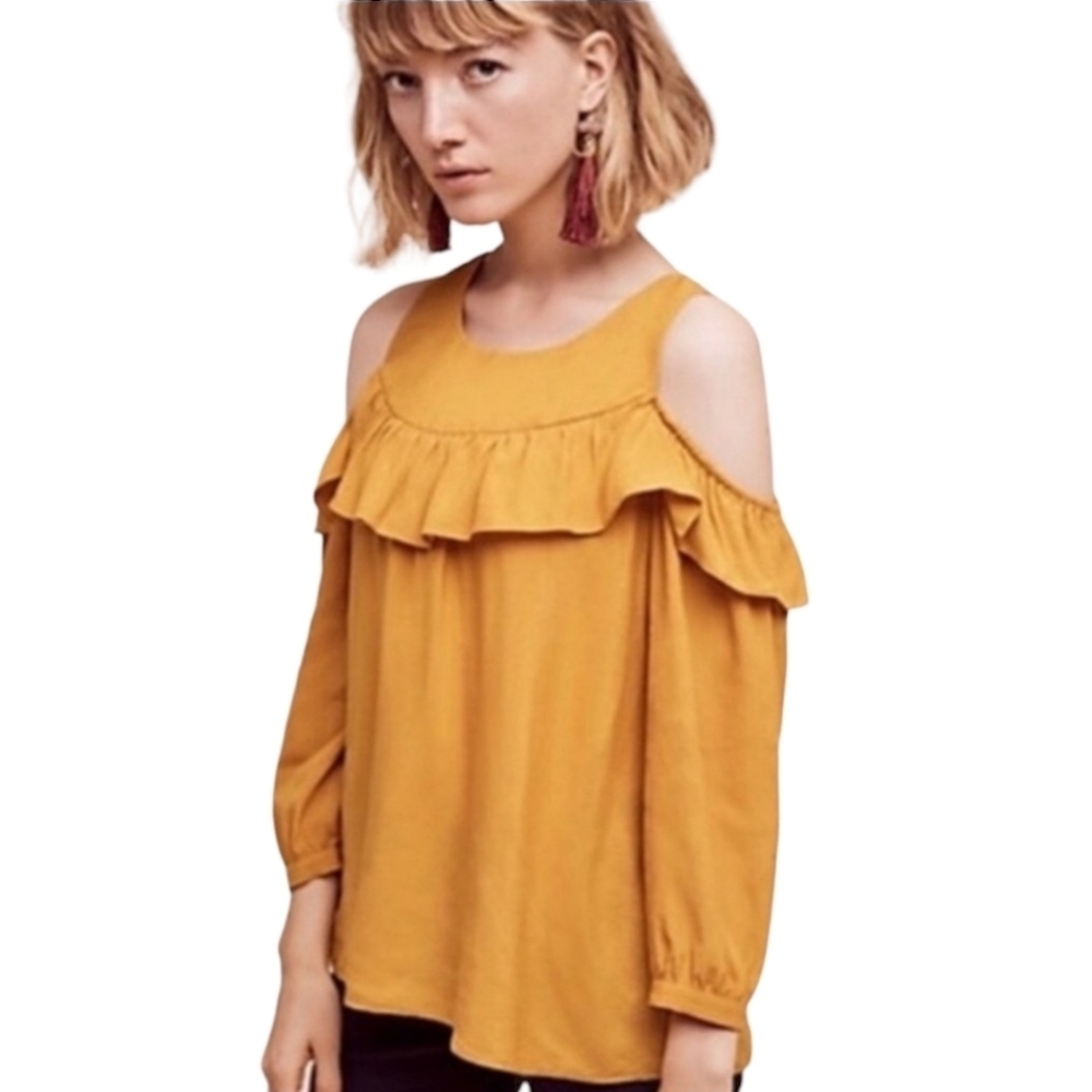 Maeve Anthropologie Mustard Boho Cottagecore Cold Shoulder Blouse Top Sz 0